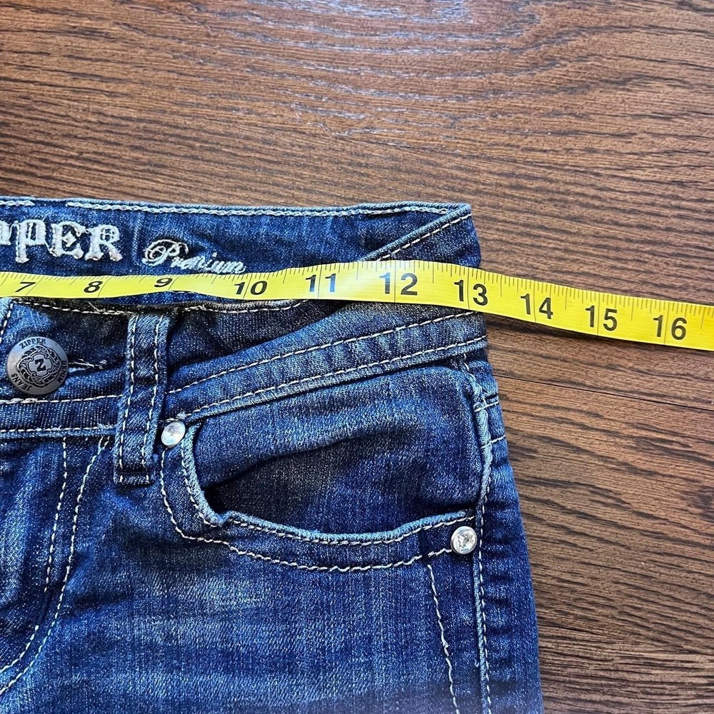 y2k zipper dark wash low rise bootcut flare embellished pocket jeans size 26 - Picture 4 of 8